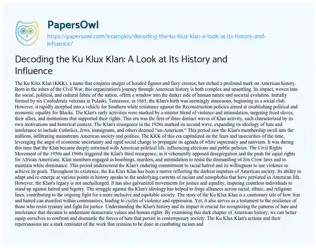 Essay on Decoding the Ku Klux Klan: a Look at its History and Influence