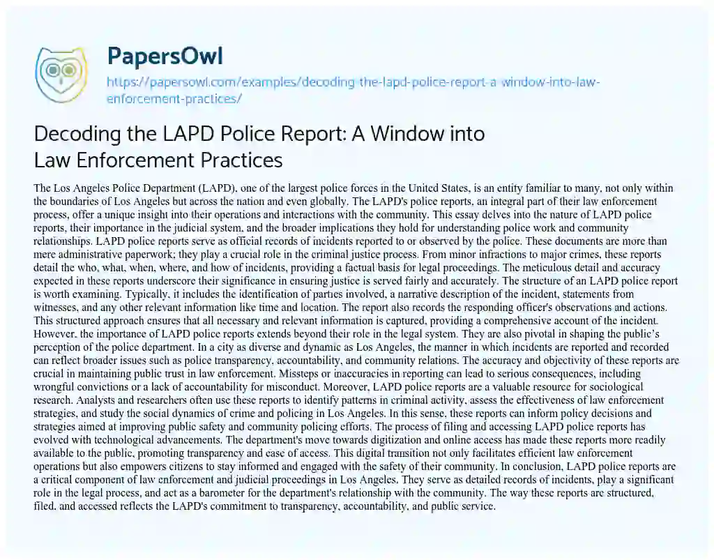 Essay on Decoding the LAPD Police Report: a Window into Law Enforcement Practices