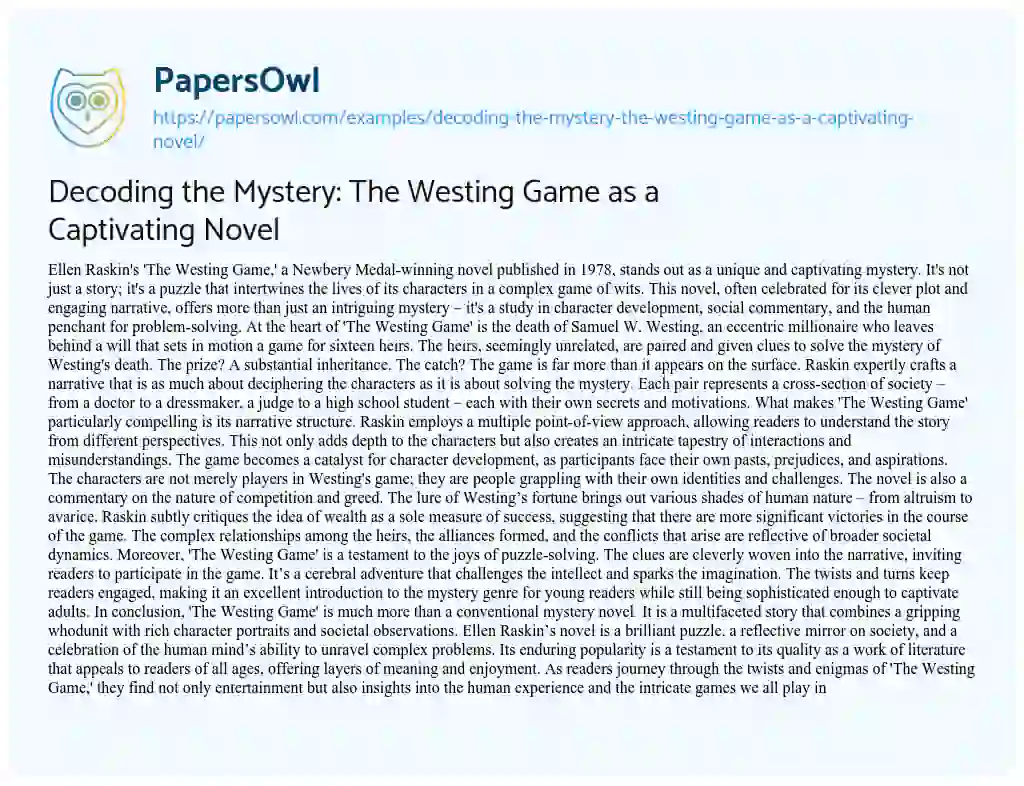 Essay on Decoding the Mystery: the Westing Game as a Captivating Novel