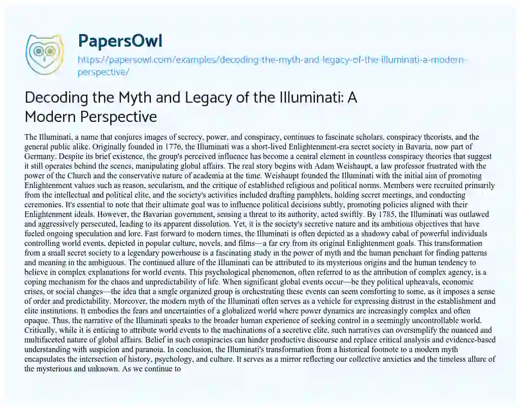 Essay on Decoding the Myth and Legacy of the Illuminati: a Modern Perspective
