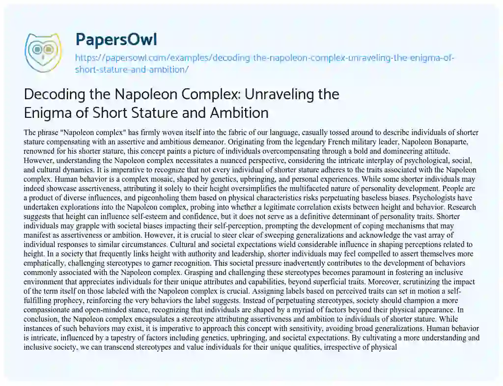 Essay on Decoding the Napoleon Complex: Unraveling the Enigma of Short Stature and Ambition
