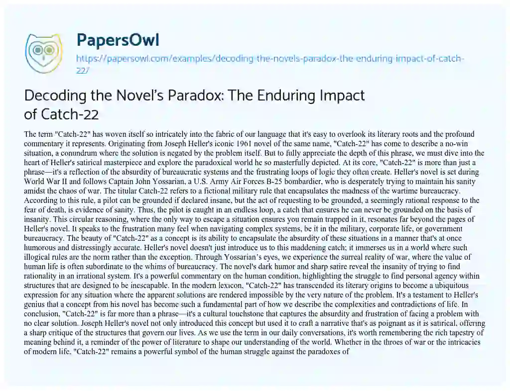 Essay on Decoding the Novel’s Paradox: the Enduring Impact of Catch-22