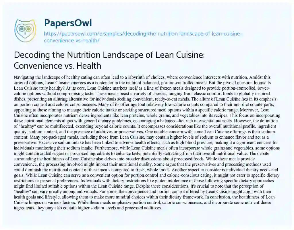 Essay on Decoding the Nutrition Landscape of Lean Cuisine: Convenience Vs. Health