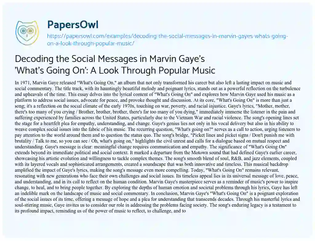 Essay on Decoding the Social Messages in Marvin Gaye’s ‘What’s Going On’: a Look through Popular Music
