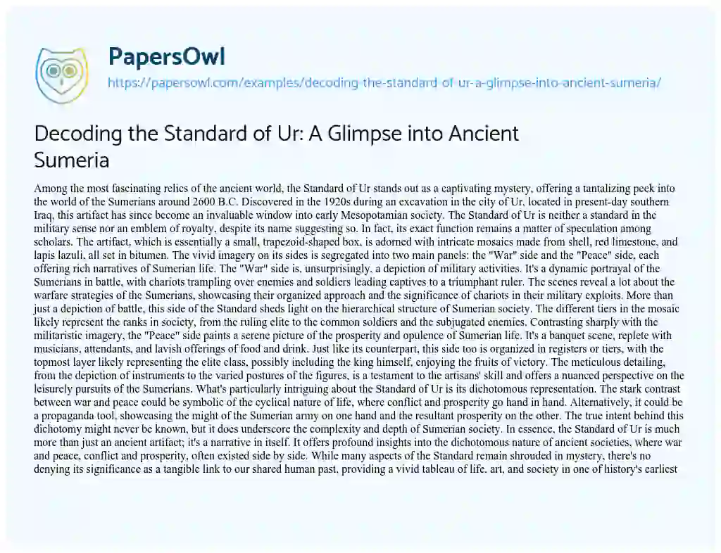 Essay on Decoding the Standard of Ur: a Glimpse into Ancient Sumeria