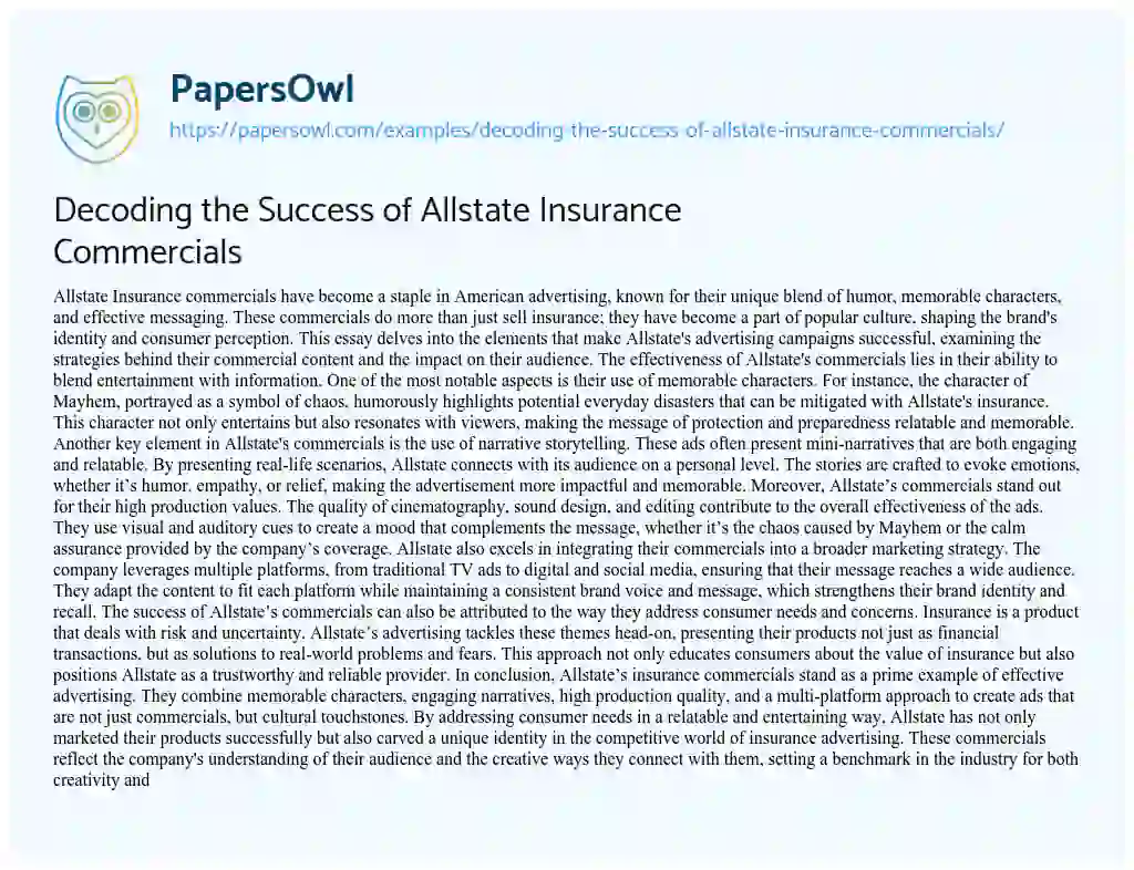 Essay on Decoding the Success of Allstate Insurance Commercials