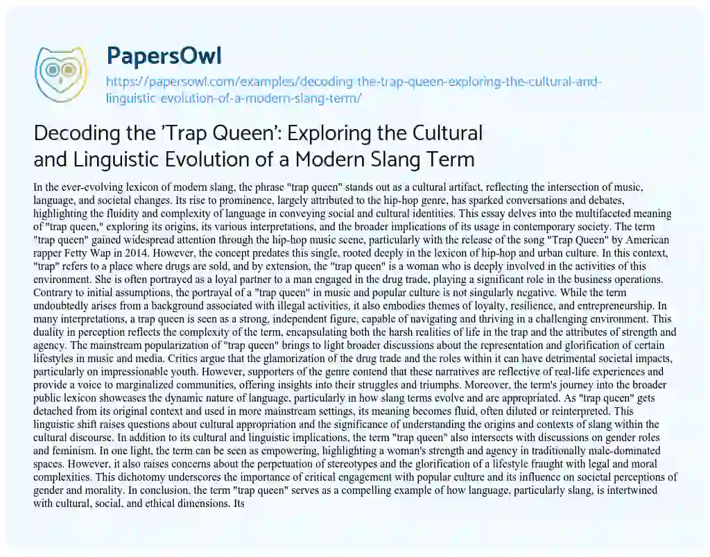 Essay on Decoding the ‘Trap Queen’: Exploring the Cultural and Linguistic Evolution of a Modern Slang Term