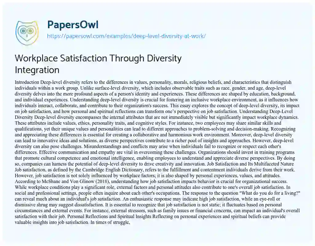 Essay on Workplace Satisfaction Through Diversity Integration