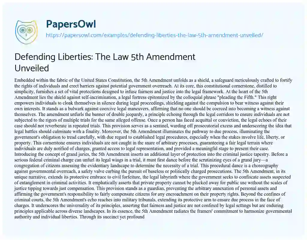 Essay on Defending Liberties: the Law 5th Amendment Unveiled
