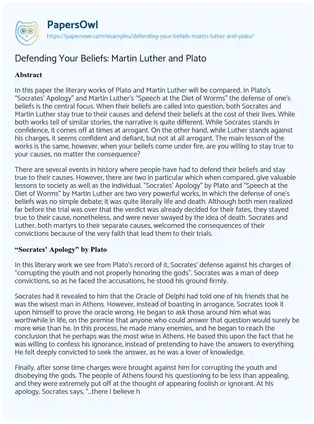 Essay on Defending your Beliefs: Martin Luther and Plato