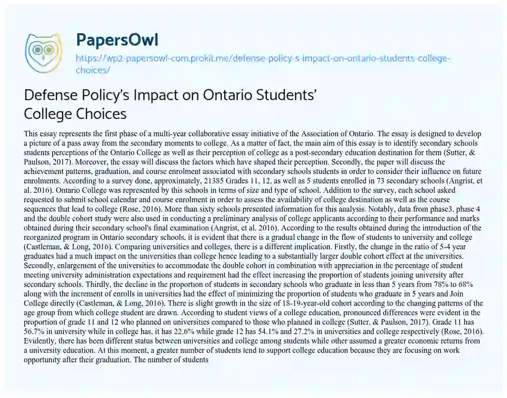 Essay on Defense Policy’s Impact on Ontario Students’ College Choices