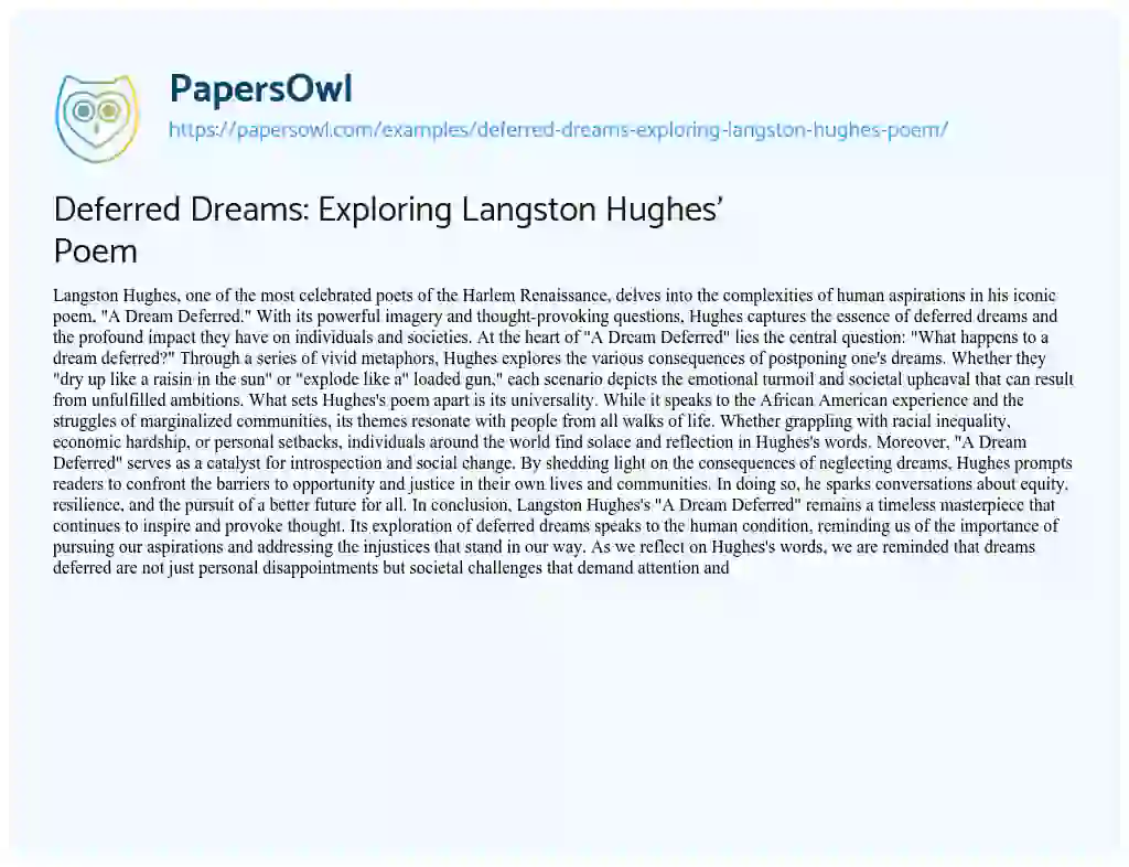 Essay on Deferred Dreams: Exploring Langston Hughes’ Poem