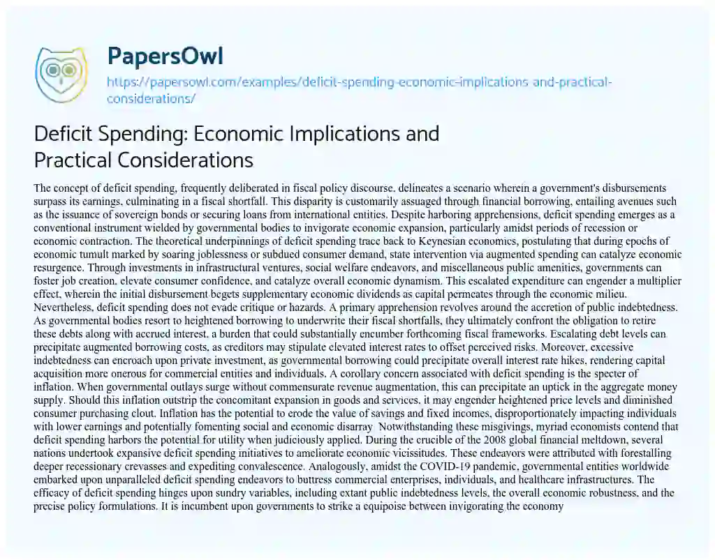 Essay on Deficit Spending: Economic Implications and Practical Considerations