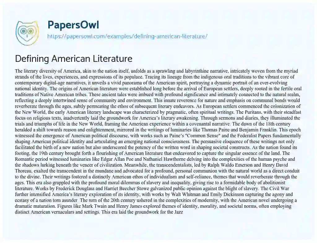 Essay on Defining American Literature