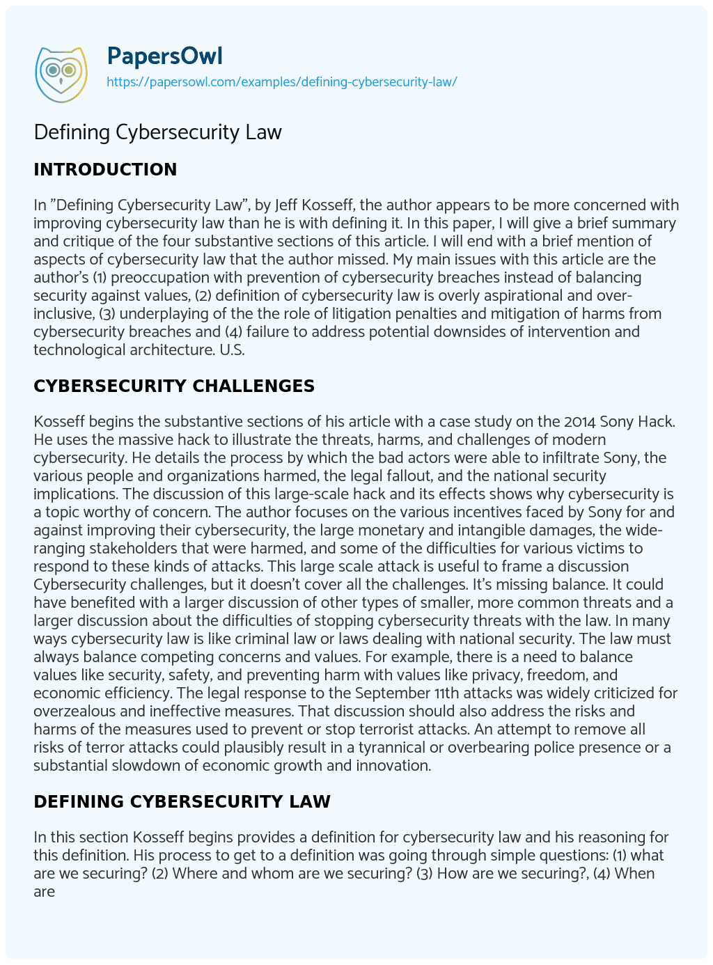 Essay on Defining Cybersecurity Law