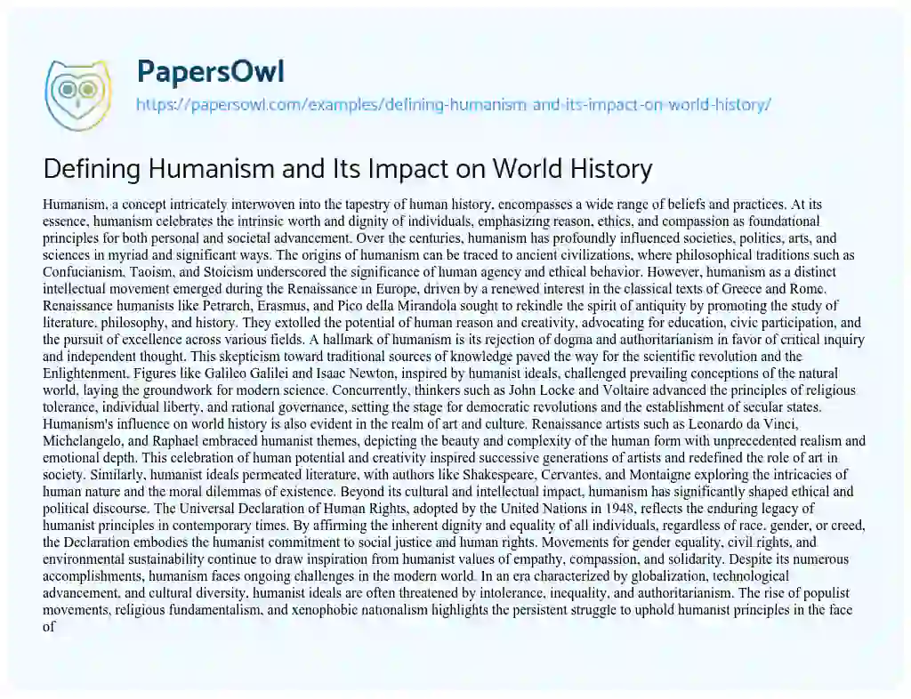 Essay on Defining Humanism and its Impact on World History