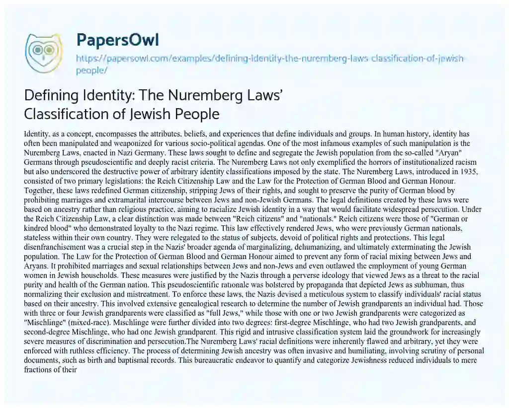 Essay on Defining Identity: the Nuremberg Laws’ Classification of Jewish People