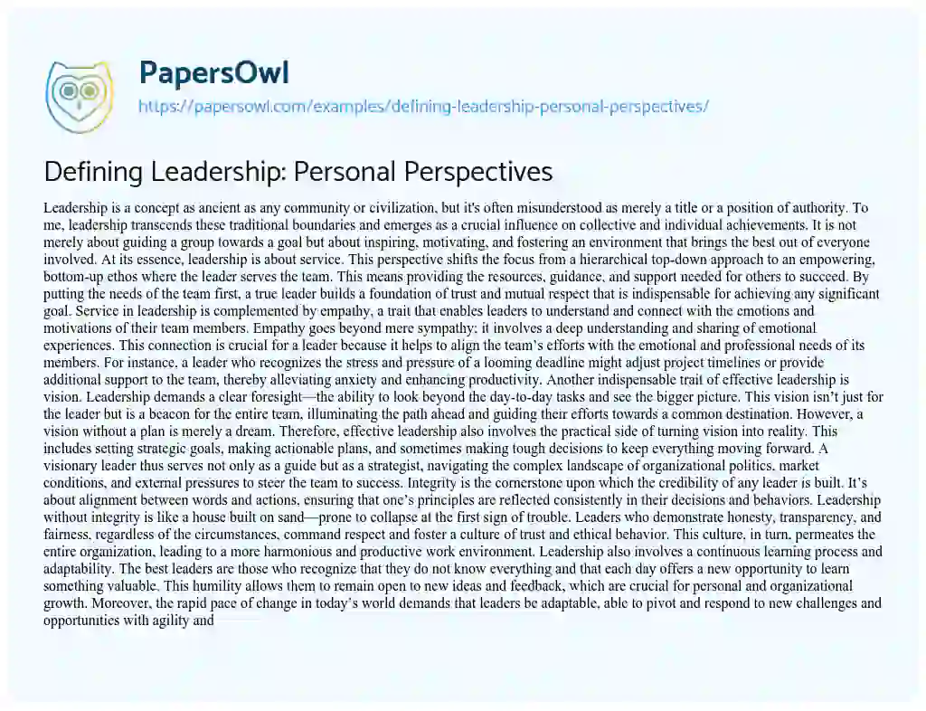 Essay on Defining Leadership: Personal Perspectives