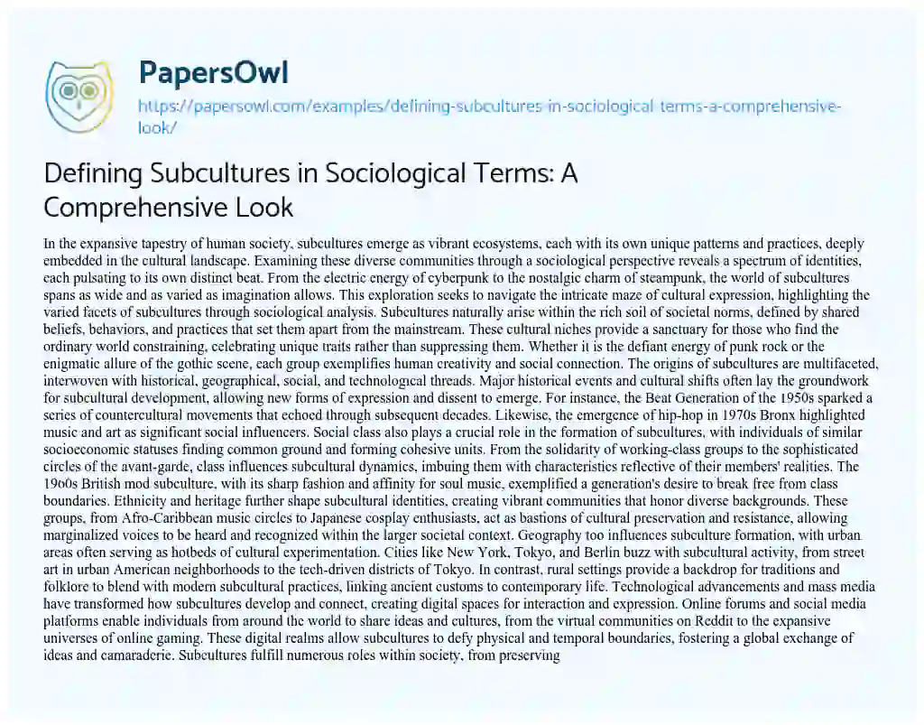 Essay on Defining Subcultures in Sociological Terms: a Comprehensive Look