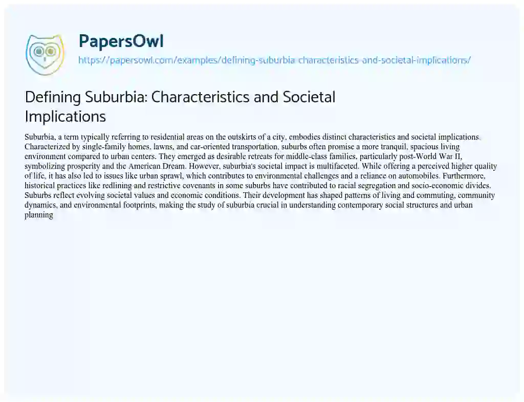 Essay on Defining Suburbia: Characteristics and Societal Implications
