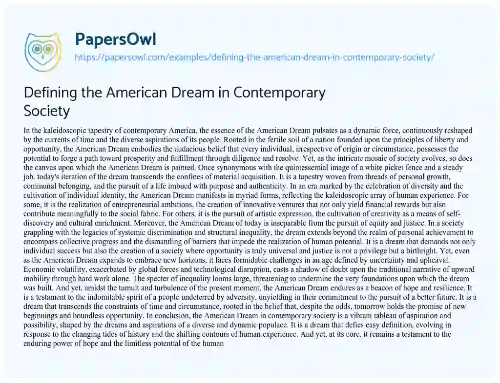 Essay on Defining the American Dream in Contemporary Society