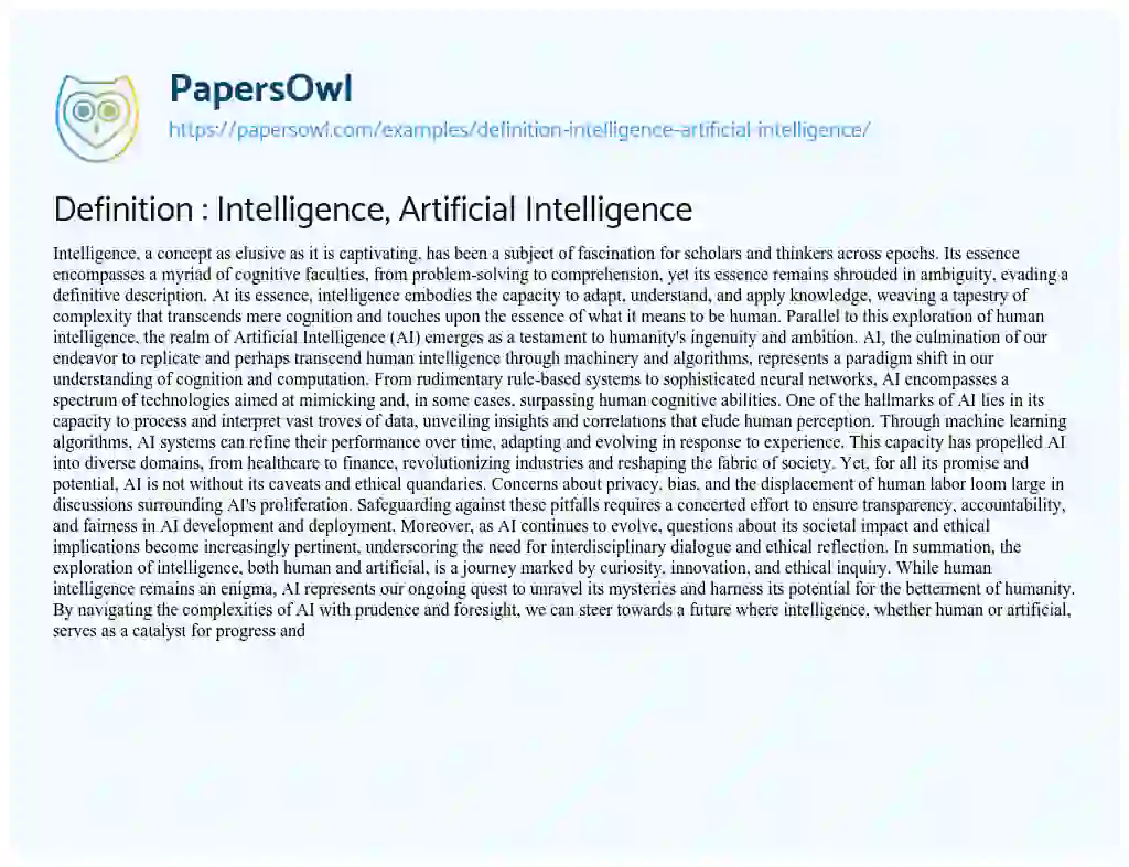 Essay on Definition : Intelligence, Artificial Intelligence