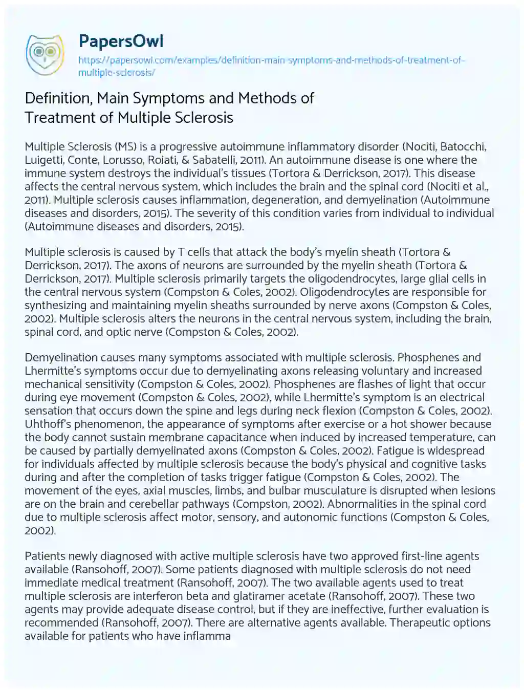 Essay on Definition, Main Symptoms and Methods of Treatment of Multiple Sclerosis