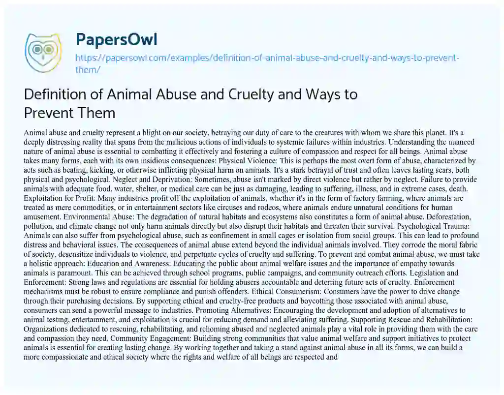 Essay on Definition of Animal Abuse and Cruelty and Ways to Prevent them