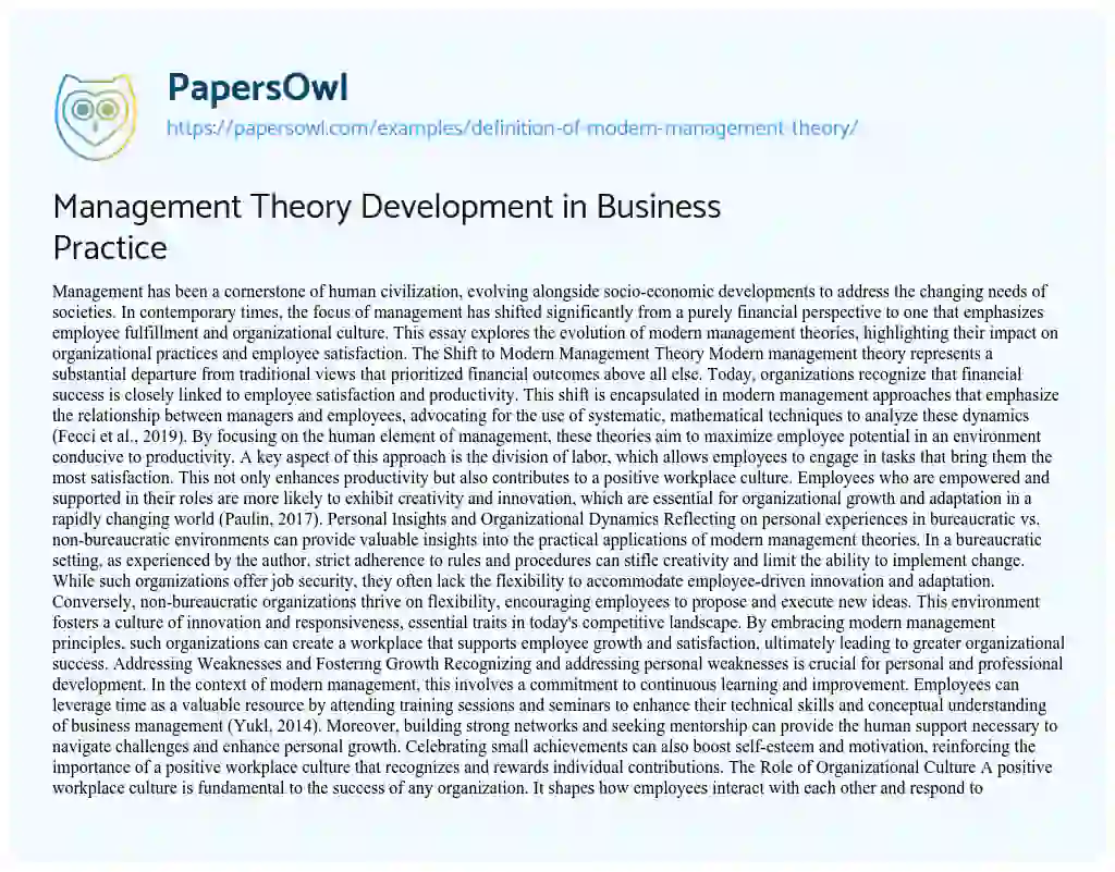 Essay on Definition of Modern Management Theory