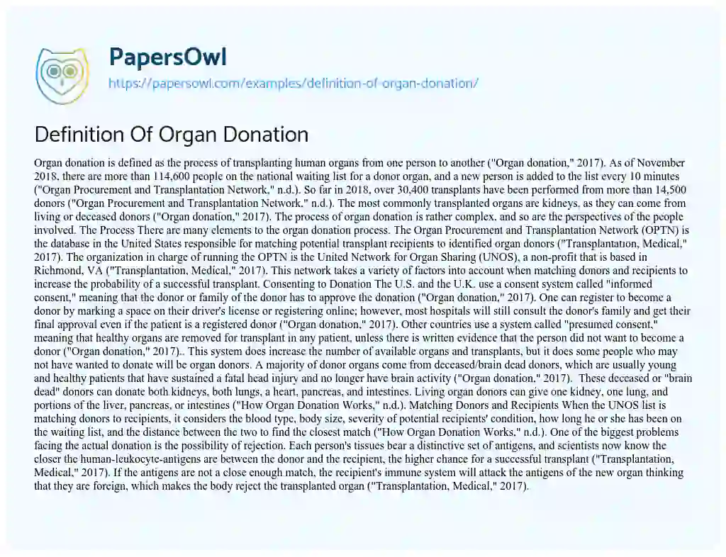 Essay on Definition of Organ Donation