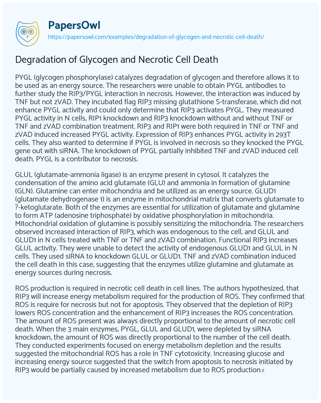 Essay on Degradation of Glycogen and Necrotic Cell Death