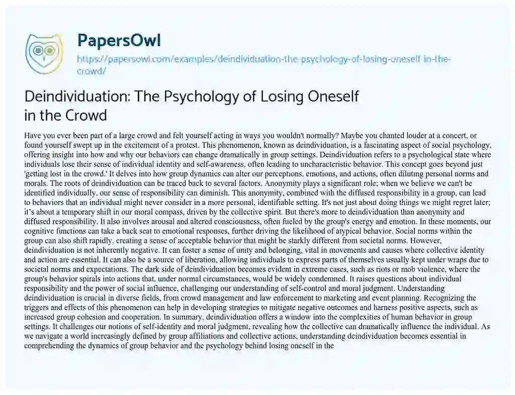 Essay on Deindividuation: the Psychology of Losing Oneself in the Crowd