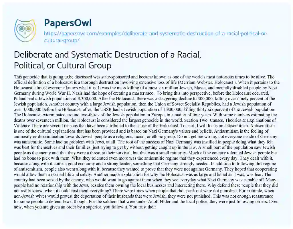 Essay on Deliberate and Systematic Destruction of a Racial, Political, or Cultural Group