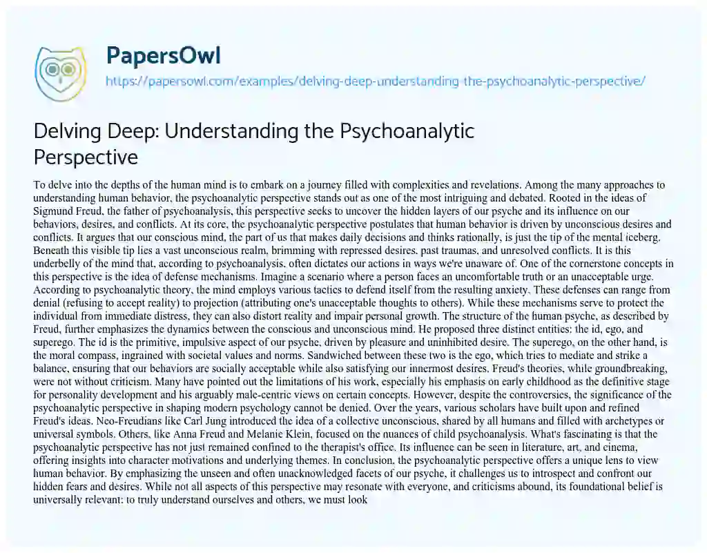 Essay on Delving Deep: Understanding the Psychoanalytic Perspective