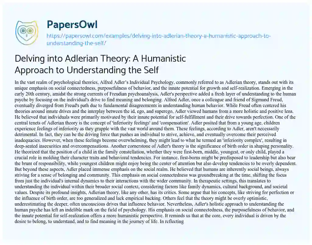 Essay on Delving into Adlerian Theory: a Humanistic Approach to Understanding the Self