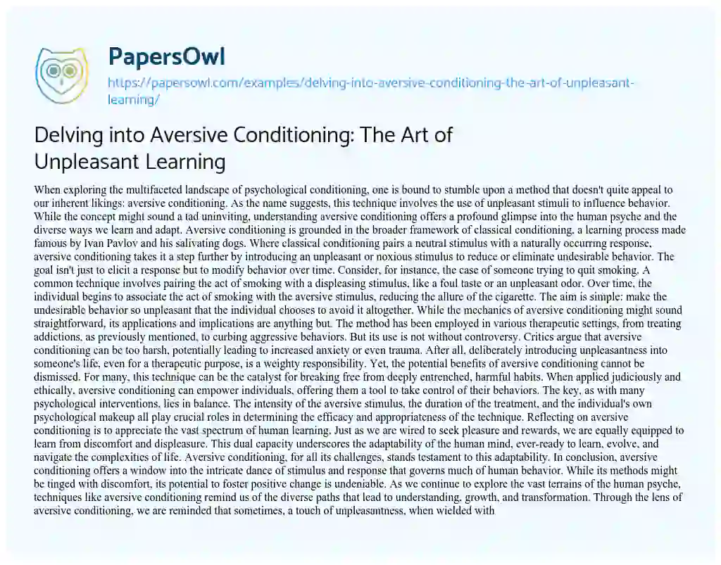 Essay on Delving into Aversive Conditioning: the Art of Unpleasant Learning
