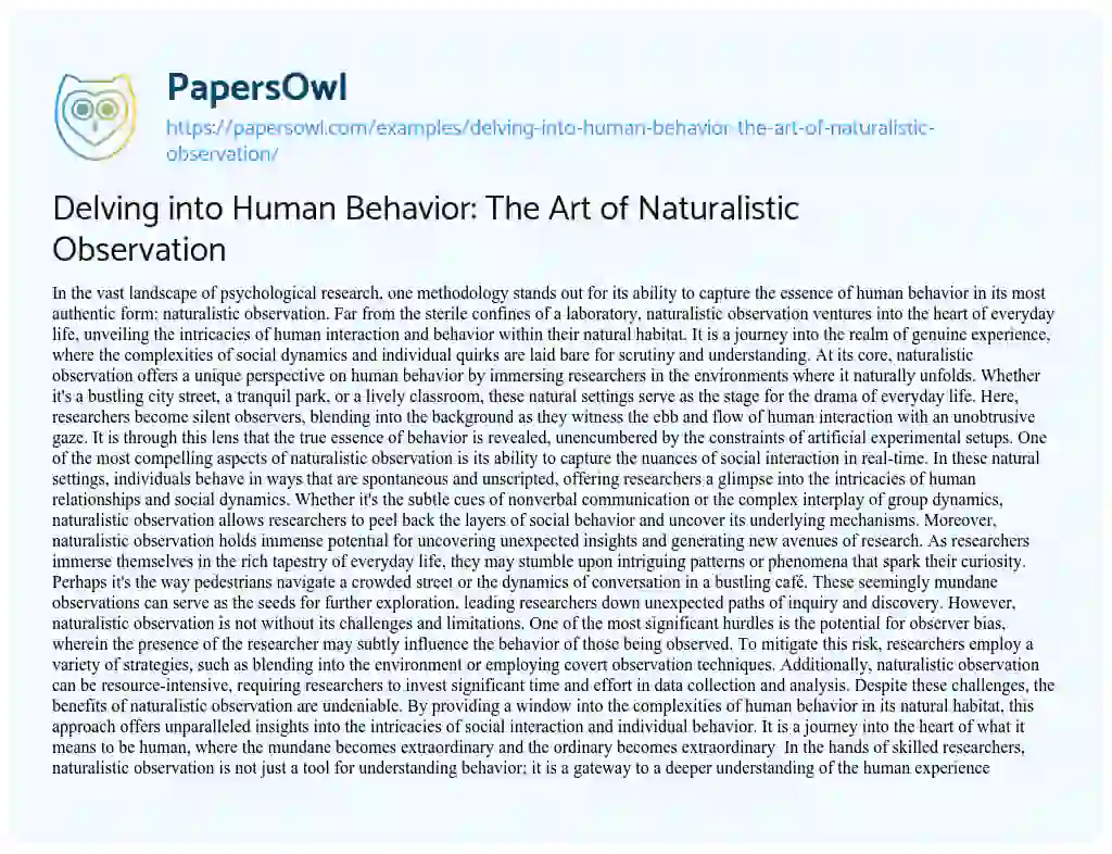 Essay on Delving into Human Behavior: the Art of Naturalistic Observation