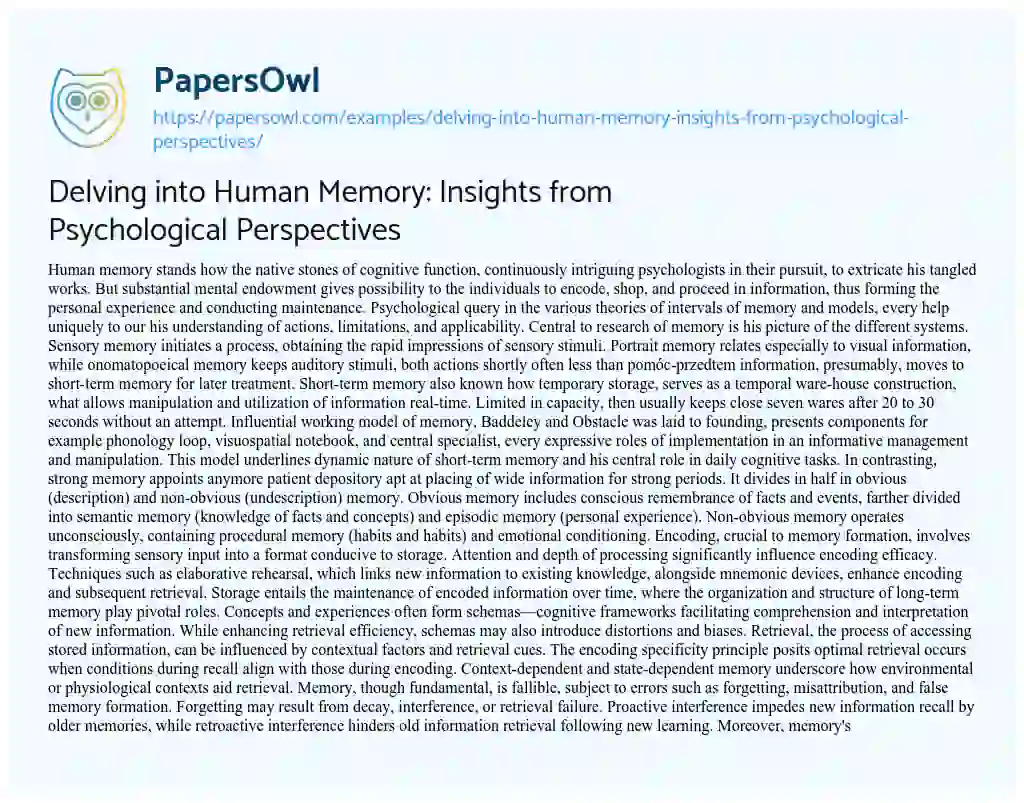 Essay on Delving into Human Memory: Insights from Psychological Perspectives