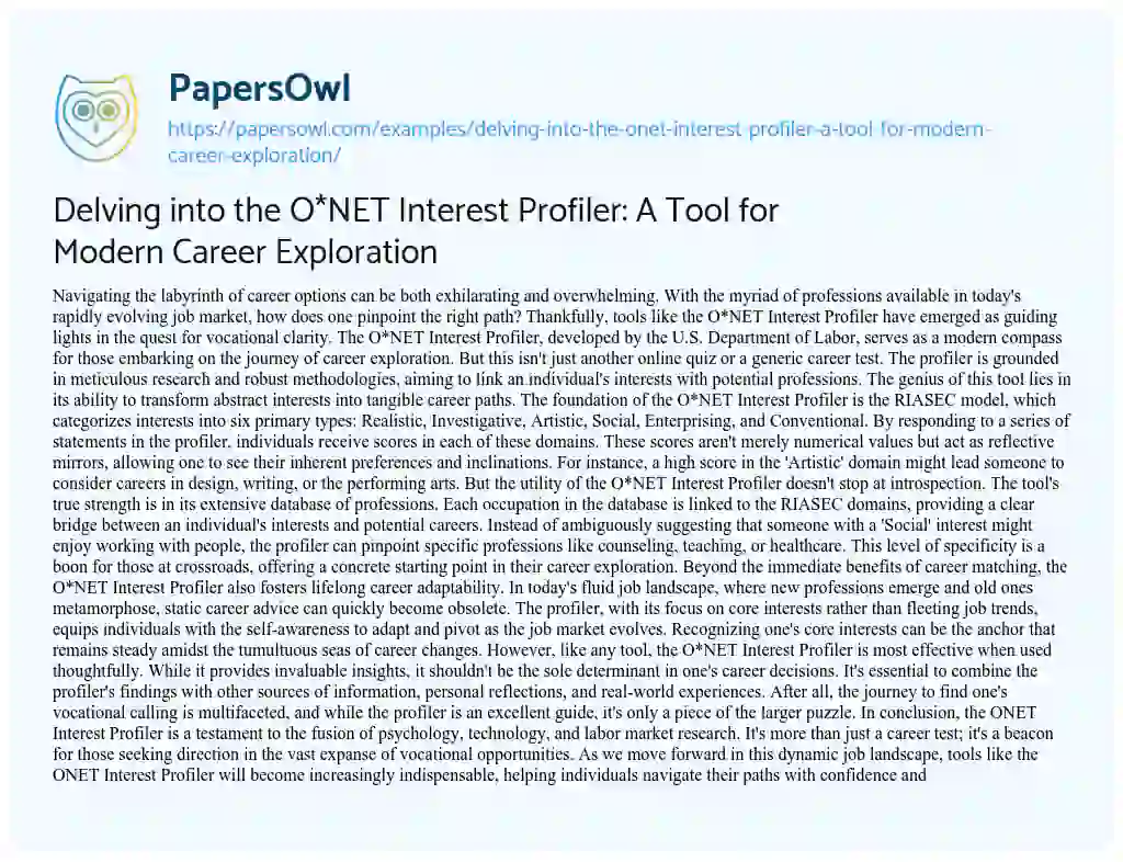 Essay on Delving into the O*NET Interest Profiler: a Tool for Modern Career Exploration