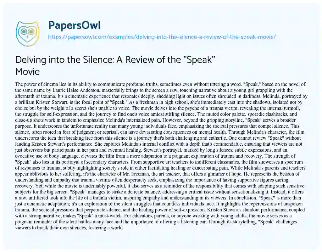 Essay on Delving into the Silence: a Review of the “Speak” Movie