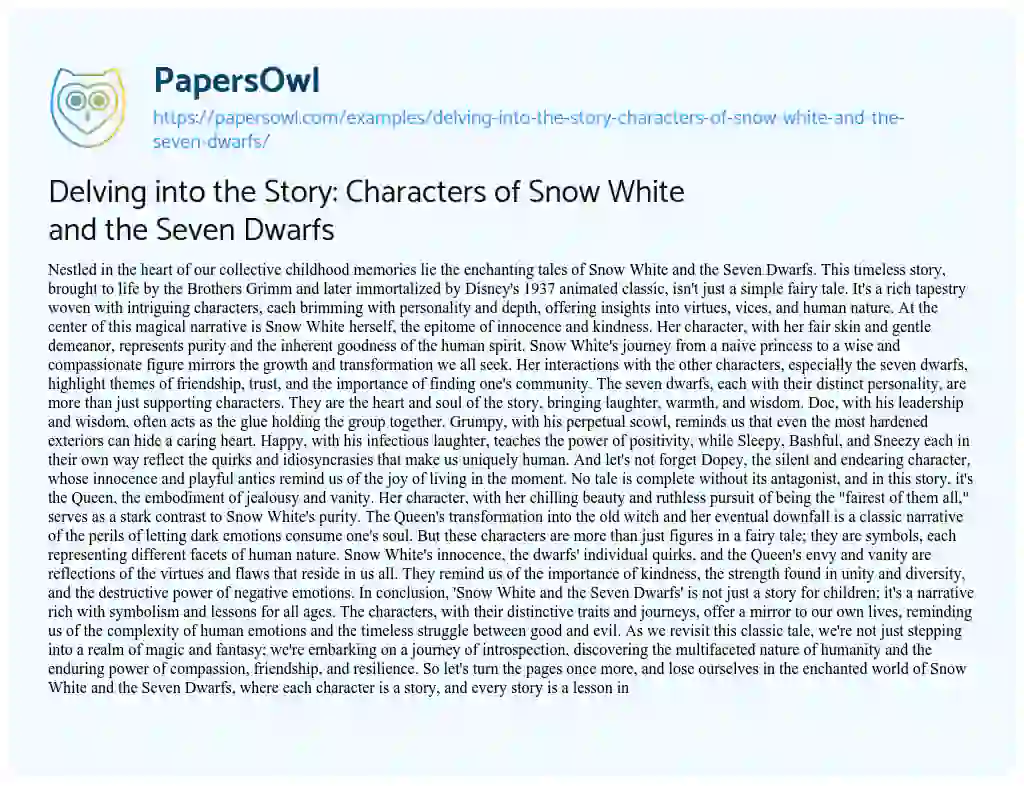 Essay on Delving into the Story: Characters of Snow White and the Seven Dwarfs