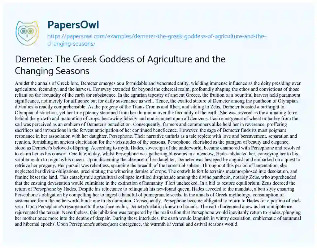 Essay on Demeter: the Greek Goddess of Agriculture and the Changing Seasons