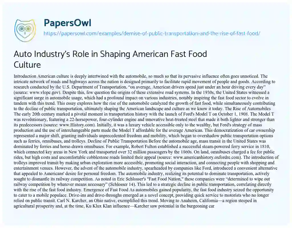 Essay on Demise of Public Transportation and the Rise of Fast Food