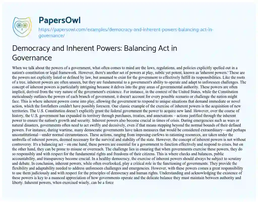 Essay on Democracy and Inherent Powers: Balancing Act in Governance