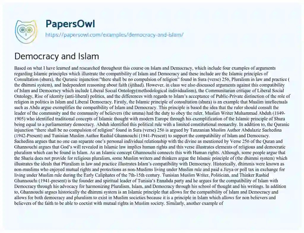 Essay on Democracy and Islam