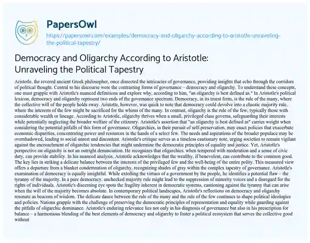 Essay on Democracy and Oligarchy According to Aristotle: Unraveling the Political Tapestry