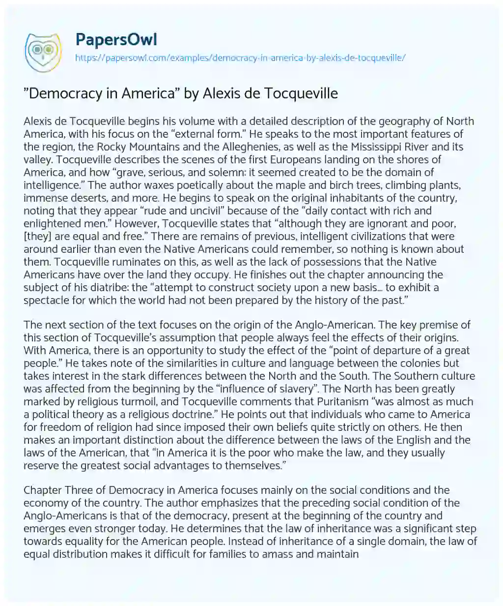 “Democracy in America” by Alexis De Tocqueville essay