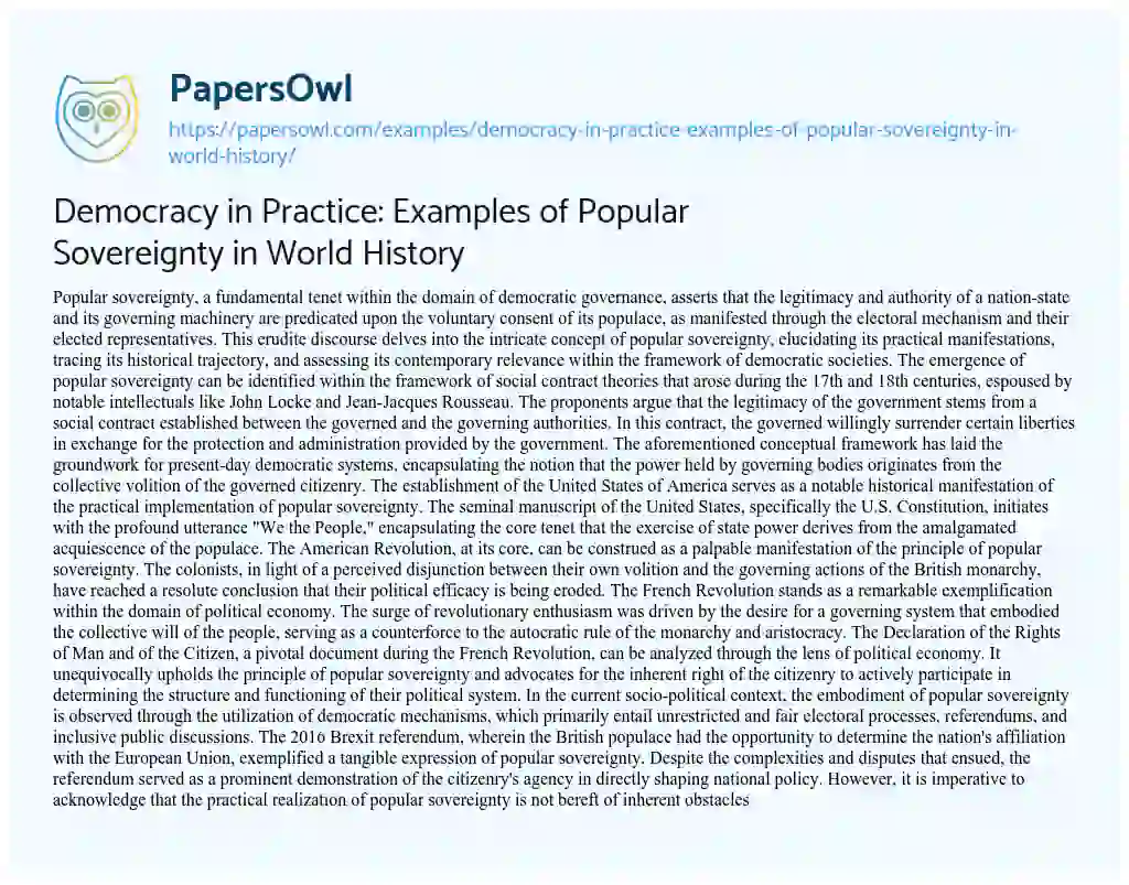 Essay on Democracy in Practice: Examples of Popular Sovereignty in World History