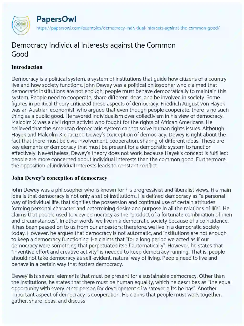 Essay on Democracy Individual Interests against the Common Good