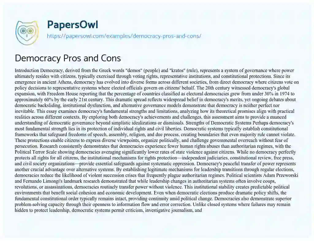 Essay on Democracy Pros and Cons
